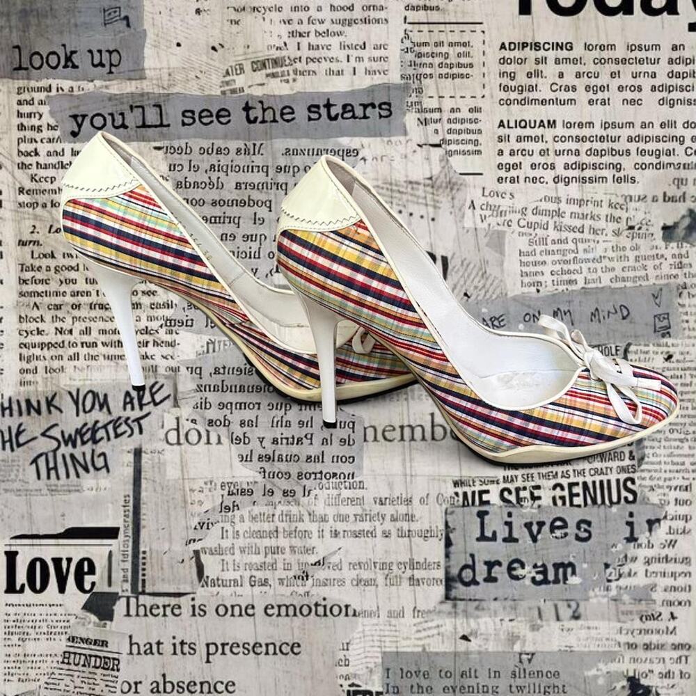 Vintage Y2K casadei multicoloured plaid and white patent leather sneaker heels